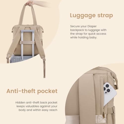 LOVEVOOK Diaper Bag Backpack,Diaper Bag Tote for Mom Dad with Changing Pad,Insulated Pockets, Convertible Lightweight Baby Backpack with Pacifier Case（Khaki） - Thumbnail 5