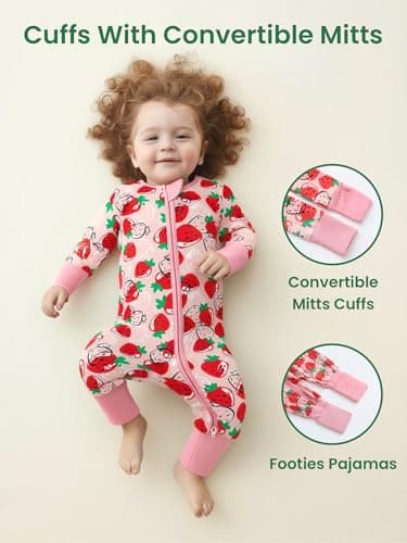Infant Boys Girls Outfit Clothes Set Newborn Baby Romper Bamboo Long Sleeve Zipper Bodysuit Jumpsuit (Strawberry, 6-9M) - Thumbnail 4