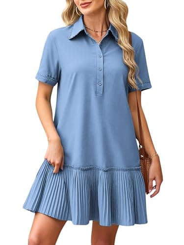 ECOWISH Women Summer Shirt Dress- V Neck Short Sleeve Casual Shift Dresses Button Down Mini Dresses with Pocket Grey Blue S - Image 1