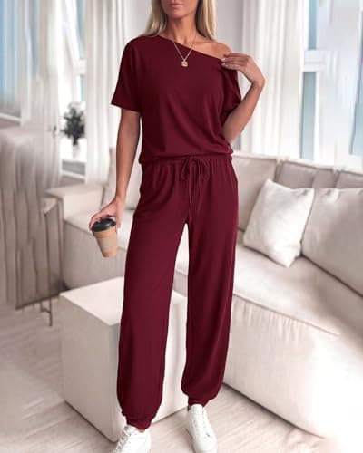 Zenlonr Women Summer 2 Piece Outfits 2026 Off Shoulder Short Sleeve Tops Elastic Waist Drawstring Long Pants Tracksuit(Wine Red,XX-Large) - Thumbnail 6