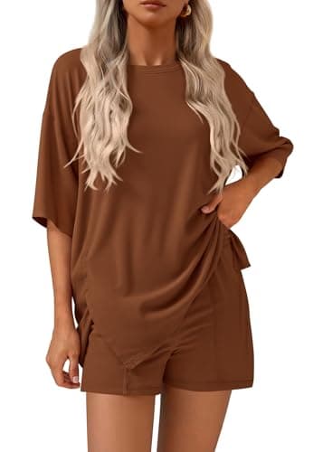 KIRUNDO 2 Piece Sets for Women Summer Lounge Sets Casual Oversized Tshirts Shorts Matching Airport Travel Outfits Postpartum(Brown, Medium) - Image 1