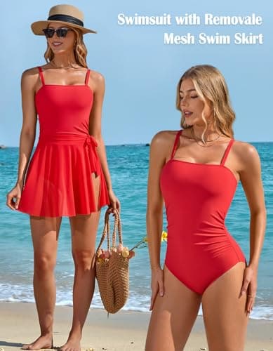 Charmo Womens One Piece Swimsuit with Mesh Swim Skirt Tummy Control Slimming Bathing Suit Modest Swimwear Red - Thumbnail 4