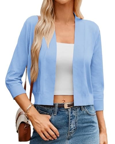 GRACE KARIN Women's Soft Knit Sweaters 3/4 Sleeve Open Front Cropped Bolero Cardigans (Light Blue,XL) - Image 1
