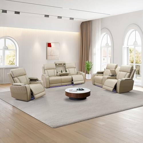 FUOROLA Power Recliner Sofa Set, Breathable Leather Couch Reclining Living Room Sectional Sofa, Recliner Sectional Sofa Set with Cup Holders/Storage Console/USB Ports (Khaki) - Image 1