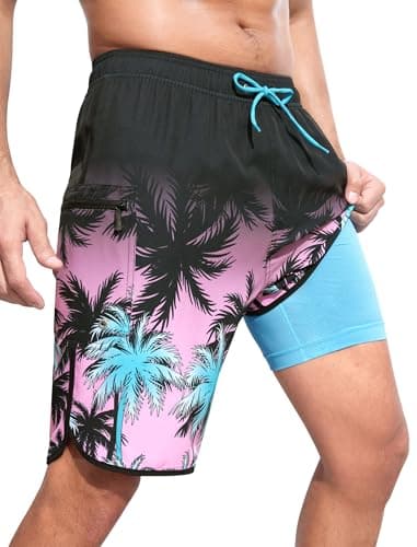 SILKWORLD Men's Swimming Shorts Quick Dry Solid Swim Trunks Zipper Pockets Swimsuit, Black Pink Coconut Trees, Medium - Image 1
