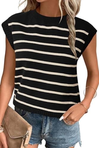 Arach&Cloz Womens Spring Summer Tops 2024 Business Casual Outfits Work Dressy Blouse Cute Fashion Cap Short Sleeve Crew Neck Striped Knit Sleeveless Sweater Vest Black
