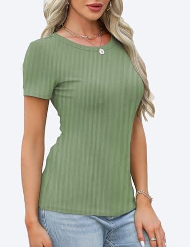 GKBK Crew Neck Short Sleeve Tops for Women Ribbed Fitted Tight Shirts Layering Top Basic Tee Tshirts Cute Summer Tops Casual Spring Clothes Outfits 2026 Trendy Light Green - Thumbnail 2