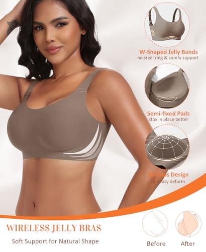 Wireless Jelly Seamless Bras for Women No Underwire Tshirt Full Coverage Padded Supportive Bra Comfortable Everyday Bralettes(01#Coffee(Full Coverage),Large) - Thumbnail 5
