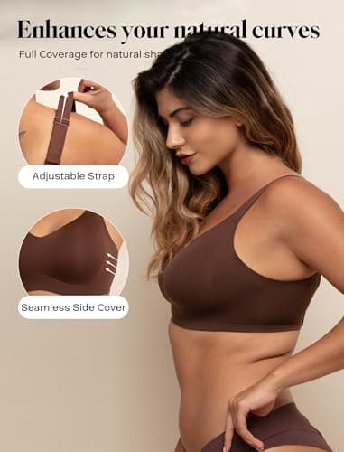 COMFELIE Wireless Seamless Minimizer Bra for Full-Figured Women Full Coverage V-Neck, Adjustable Straps, No Wire, Soft & Breathable Dark Brown - Thumbnail 2