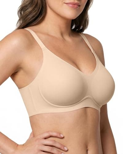 VRVOICE Womens Soft Comfortable No Underwire Bras V Neck Seamless Push Up Bralettes Full Coverage Tshirt Brassiere,Beige,Small - Image 1