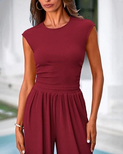 PRETTYGARDEN Women's Summer 2 Piece Outfits 2026 Cap Sleeve Ruched Slim T Shirt Ribbed Knit Wide Leg Pant Sets Tracksuit(Wine Red,Small) - Thumbnail 4