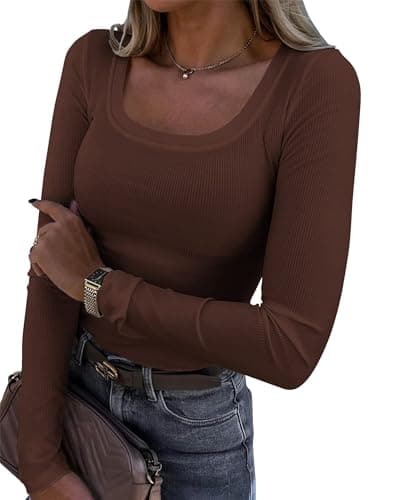 Womens Long Sleeve Tops U Neck Ribbed Knit Top Slim Fit Stretchy Basic T Shirts Casual Trendy Blouse - Image 1