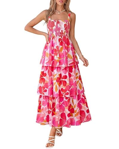 BTFBM Summer Dresses for Women 2026 Floral Spaghetti Strap Wedding Guest Dress Maxi Beach Vacation Clothes(Floral White Pink,X-Large) - Image 1