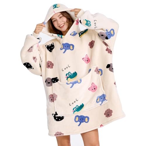 Aemilas Wearable Blanket Hoodie Gifts for Women and Men, Comfy Sherpa Hoodies Blankets Sweatshirt for Adult Teens Girls & Boys with Big Pocket, Cartoon Animal Print