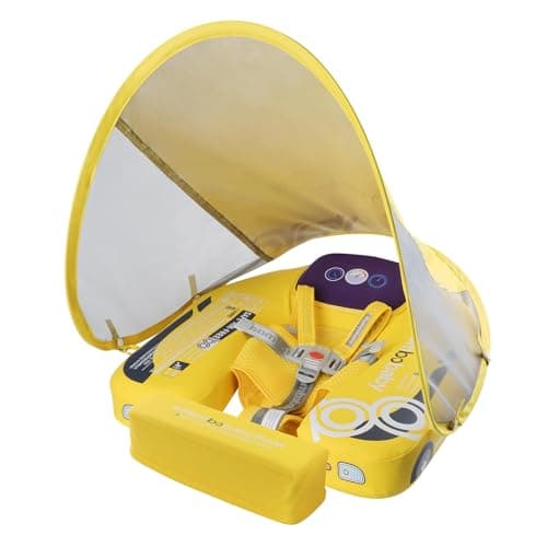 Mambobaby Baby Pool Float with Canopy, Kalolary Non-Inflatable Baby Swim Float Infant Swim Trainer Ring Toddler Pool Float with Adjustable Strap & Tile for 3-24 Months Age Boys Girls (Yellow Car) - Image 1
