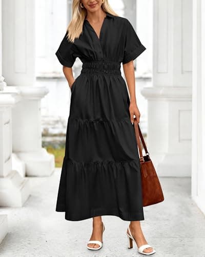 BTFBM Wedding Guest Dresses for Women Beach Fashion Casual Short Sleeve V Neck Solid Spring Summer Boho Maxi Dress (Black,Small) - Thumbnail 4