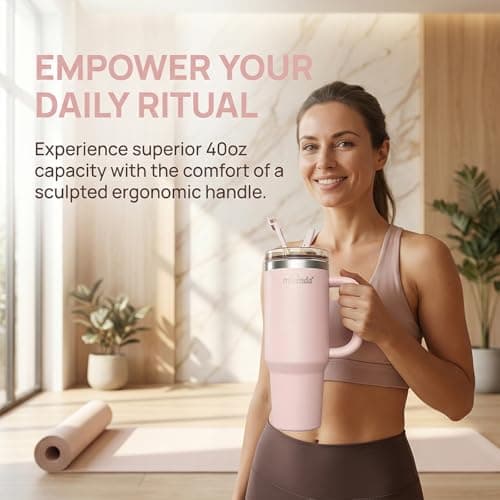 MIKENDA 40oz Insulated Tumbler with Straw | Double Wall Stainless Steel Travel Mug | Leak Proof Lid, 24hr Cold & 12hr Hot | Reusable Water Bottle for Office, Gym, Hiking (light pink) - Thumbnail 3