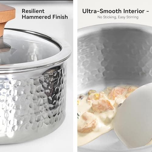 Boryenty Tri-Ply Stainless Steel Saucepan with Lid, 1.8 Quart - Heavy-Gauge Hammered Exterior, Smooth Interior Milk Pot. Induction Ready Cookware for Ramen, Sauces, Noodles. Stay-Cool Wood Handle - Thumbnail 3