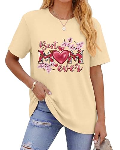 Aiyino Womens Best Mom Ever Oversized Cotton Heart Graphic Tee Mothers Day Birthday Gift Perfect Casual Family Outfit M - Image 1