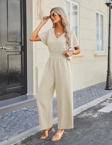 LOOKBOHO Jumpsuits for Women Dressy Casual Ruffle Short Sleeve Button V Neck 2026 Wide Leg Romper One Piece Outfits - Thumbnail 6