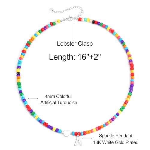 Eaciy Silver Initial Necklaces for Women - Colorful Beaded Letter T Initial Necklace Cute Heart Necklaces Silver Necklace Jewelry for Women - Thumbnail 5