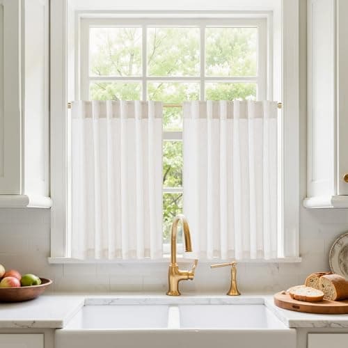 NICETOWN Cream Linen Cafe Curtains 36 inches Long, Rod Pocket & Back Tab Thick Flax Blend Privacy with Light Filtering Short Window Treatments for Kitchen, W55 x L36, 2 Panels - Image 1