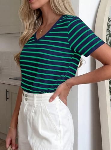 PRETTYGARDEN Short Sleeve Shirts for Women 2026 Spring V Neck Cute Tops Casual Striped Shirt Knitted Tees Summer Outfits (Striped Blue Green,XX-Large) - Thumbnail 4