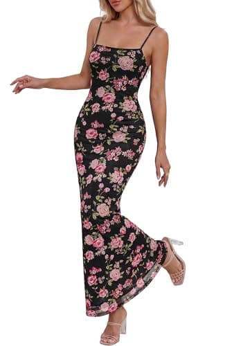 BTFBM Womens Maxi Dress 2026 Spring Floral Sexy Spaghetti Straps Sleeveless Bodycon Summer Beach Wedding Guest Dresses(Floral Black Pink, Small) - Image 1
