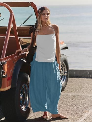 COCOMARTS Womens Linen Wide Leg Palazzo Pants Casual Loose Elastic Drawstring Flowy Pant 2025 Fall Travel Baggy Harem Pants with Pocket Lake Blue Large - Thumbnail 5