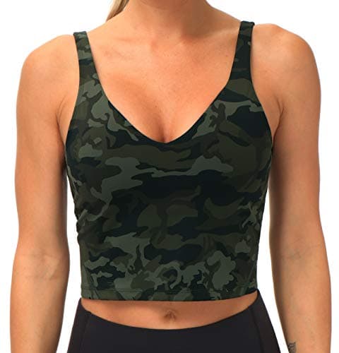 Women’s Longline Sports Bra Wirefree Padded Medium Support Yoga Bras Gym Running Workout Tank Tops Green Camo - Thumbnail 3