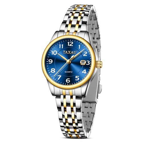 Taxau Watch Women Luxury Fashion Silver and Gold Two Tone Stainless Steel Watches for Women Blue Small Face Waterproof Women's Watches with Date Classic Dress Analog Quartz Ladies Watch Reloj Mujer - Image 1