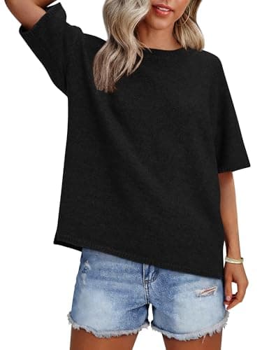 ANRABESS Womens Short Sleeve Sweater Oversized Lightweight Business Casual Tops Crewneck Soft Knit 2026 Spring Summer Outfits Black X-Large - Image 1