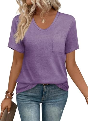 WIHOLL T Shirts for Women V Neck Summer Pocket Tee Tops for Teachers Outfits Loose Fit Iris Purple S - Image 1