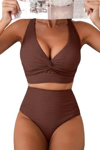 Herseas Women's Bikini Sets Twist Front Top Cutout Padded Swimsuits Solid Textured Wire Free Full Coverage Trendy Brown Bathing Suits Modest Cruise Outfits 2026 Summer XX-Large - Image 1