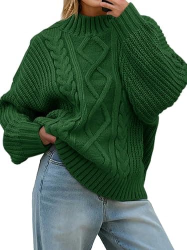 Saodimallsu Womens Oversized Cable Knit Sweaters 2025 Fall Winter Trendy Button Up Turtleneck Chunky Pullover Sweater Tops Green - Image 1