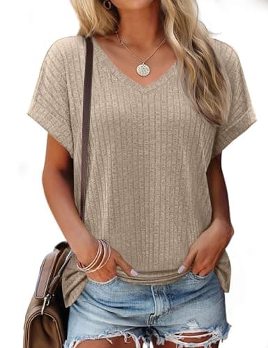 JUSTFASHIONNOW Summer Outfits for Women 2026 V Neck Short Sleeve Oversized Shirts Trendy Side Split Basic Tees Spring Dressy Casual Outfits Apricot XXL - Image 1