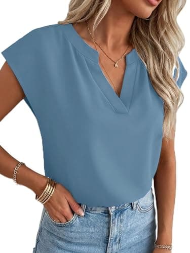 Funlingo Womens Summer Tops Dressy V Neck Cap Sleeve Tunic Shirts 2026 Business Casual Loose Flowy Blouses for Office Work Grey Blue S - Image 1