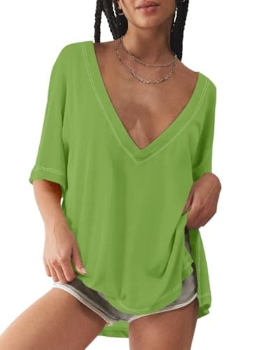 Tankaneo Womens Oversized Tshirts Deep V Neck Short Sleeve Tops Summer Casual Loose Fit Side Slit Tunic Shirts Green - Image 1