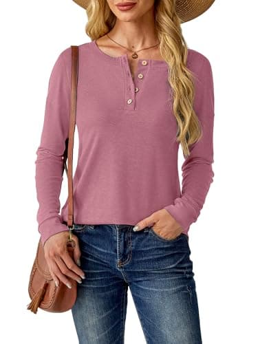 GKBK Womens Henley Tops Long Sleeve Shirts Button Pullover Loose Fit Henley Neck Tunics Dark Pink XXL - Thumbnail 3