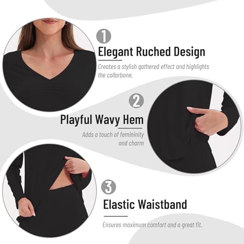 Navisting Women's Soft Knit Pajamas Set V-Neck Top and Pants Long Sleeve Two Piece Loungewear Elegant Wavy Hem Sleepwear with Color Options Black S - Thumbnail 5