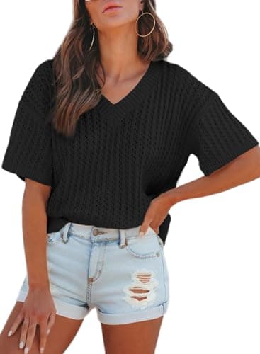 Dokotoo Women's 2025 Stylish Summer Short Sleeve Shirts for Women Oversized V Neck Solid Hollow Out Tunic Tops and Blouses Basic Loose Fit Pullover Sweaters Casual Holiday T-Shirts Tops Black XXL - Image 1