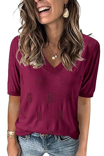 Arach&Cloz Women's Summer Fall Tops 2025 Short Sleeve Plus Size Sweaters V Neck Trendy Fashion Knit Clothes Dressy Cute Casual Outfits Business Work Blouse Wine XXL - Image 1