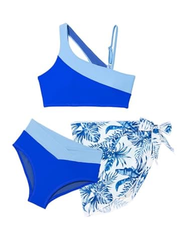 blibean Teen Girls Swimsuit Big Kids Bathing Suits Tween Matching Cutout Colorblock Bikini Sets Three Piece Hawaii Removable Pad Beach Swimwear Traje De Baño para Niñas Size 8-9 Years Old Royal Blue - Image 1