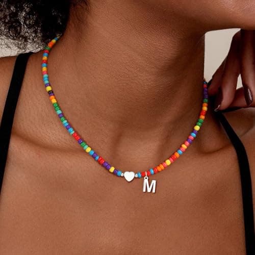 Eaciy Silver Initial Necklaces for Women - Colorful Beaded Letter T Initial Necklace Cute Heart Necklaces Silver Necklace Jewelry for Women - Thumbnail 3