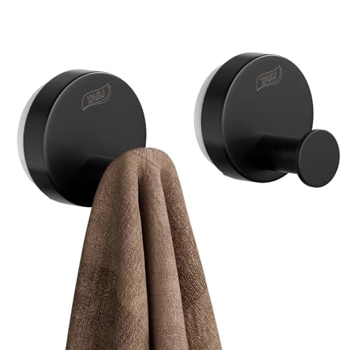 TAILI 304 Stainless Steel Bathroom Suction Hooks for Towel, Bathrobe, Loofah, Patented Strong Suction Cup Holder, No Damage Hanging Glass Shower Wall Hook, Classic Round, 2 Pack, Black - Image 1