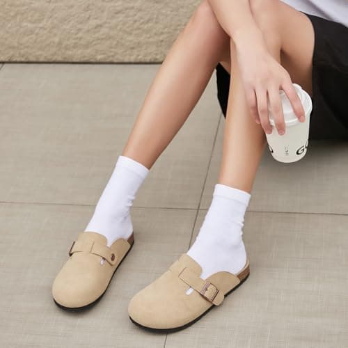 Khaki Clogs for Women Men Suede Clogs Adjustable Buckle Mules Classic Antislip Home Slippers Cork Footbed Clog Unisex - Thumbnail 5