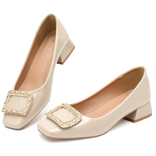 QFDZLA Women's Low Chunky Block Heel Pumps Comfortable Leather Square Toe Dress Shoes Slip On Block Heel for Office Lady Shoes Nude Size 7.5 - Image 1