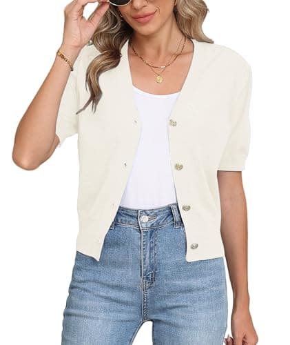 COSSEN Women's Cardigan Sweaters White X-Large V Neck Bolero Crop Coat Crochet Button Down Short Sleeve Short Tops Trendy Open Front Lightweight Jacket Summer Knit Cropped Shrug for Dress - Image 1