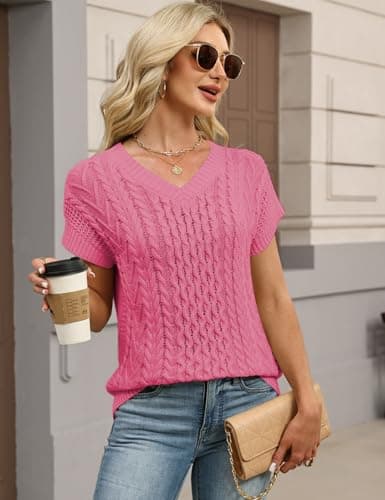 CiCiBird Women's Summer Cable Knit Sweater Vest V Neck Short Sleeve Pullover Top Trendy Loose Fit Pink XL - Thumbnail 3
