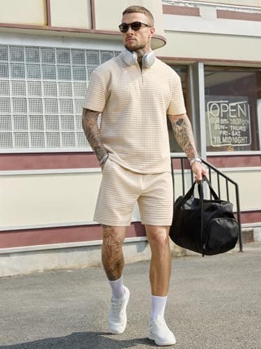 JEMLDL Men's Short Sets 2 Piece Polo Shirt Summer Outfits Casual Fashion Jogging Track Suits Short Sleeve Travel Sweatsuit Light Khaki 3X-Large - Thumbnail 6